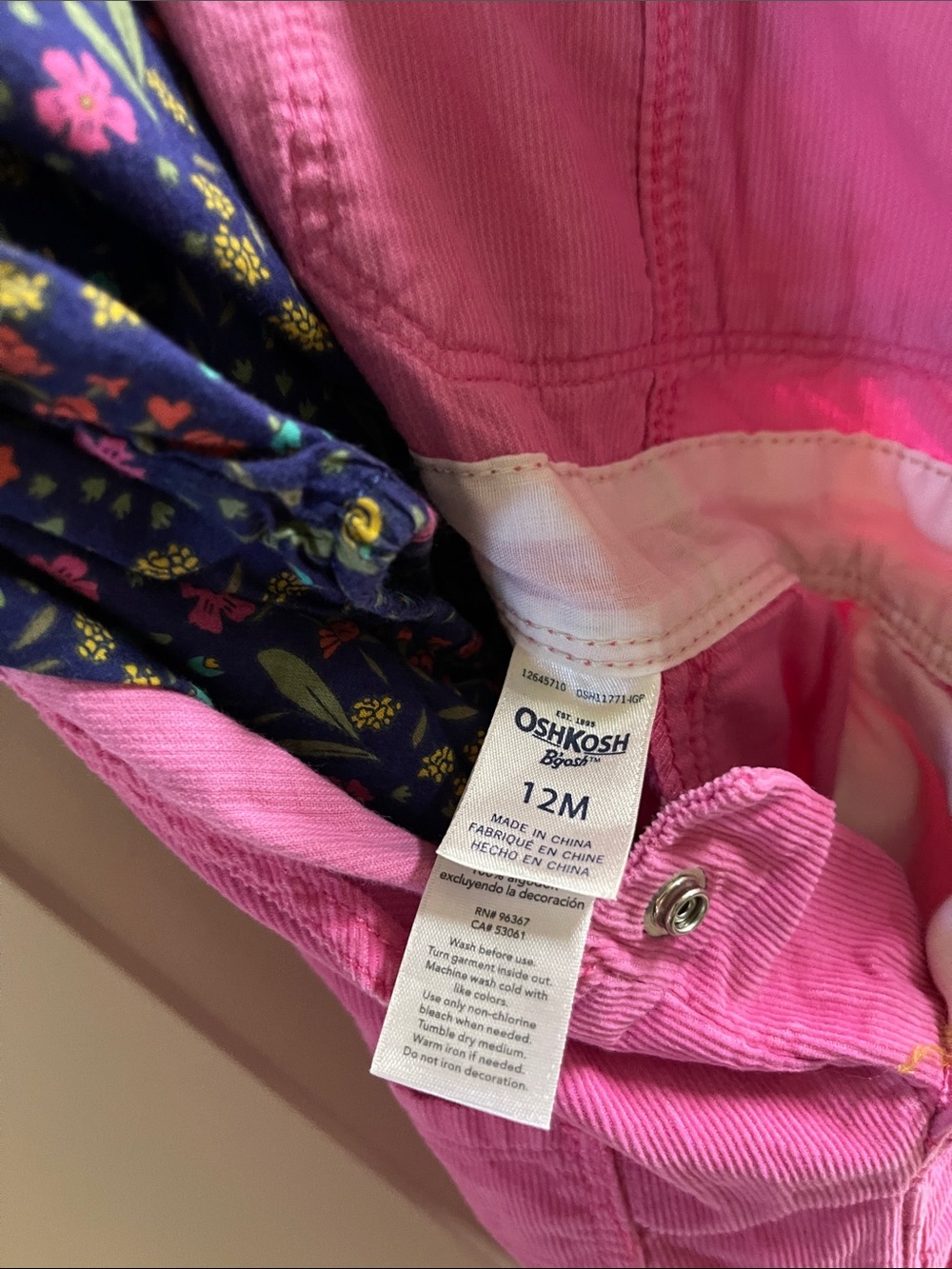 OshKosh B'gosh Hot Pink Corduroy Overalls, and matching Floral Shirt - Picture 3 of 12